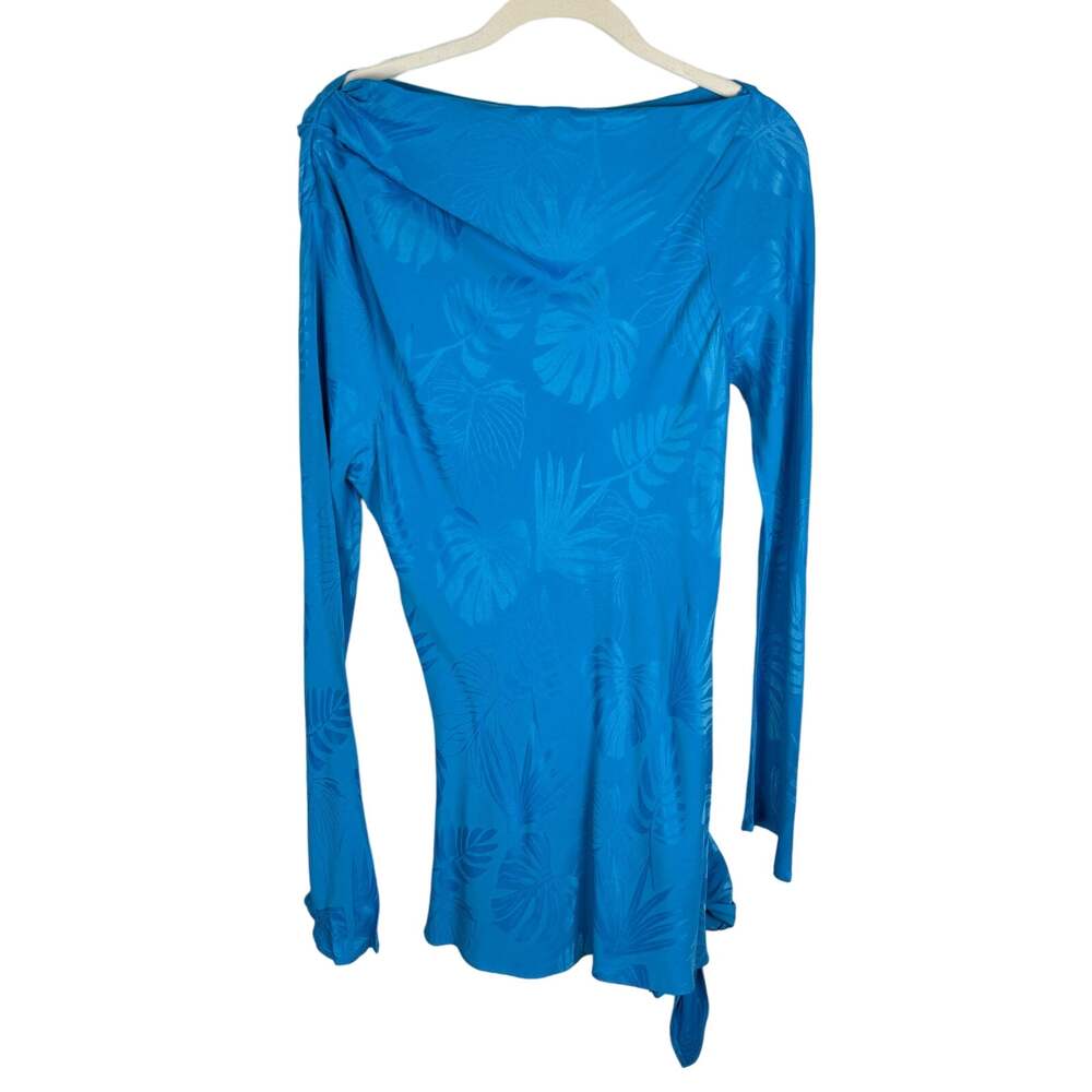 Topshop Tropical Floral Long Sleeve Satin Mini Dress Size 10 Blue Slash Neckline